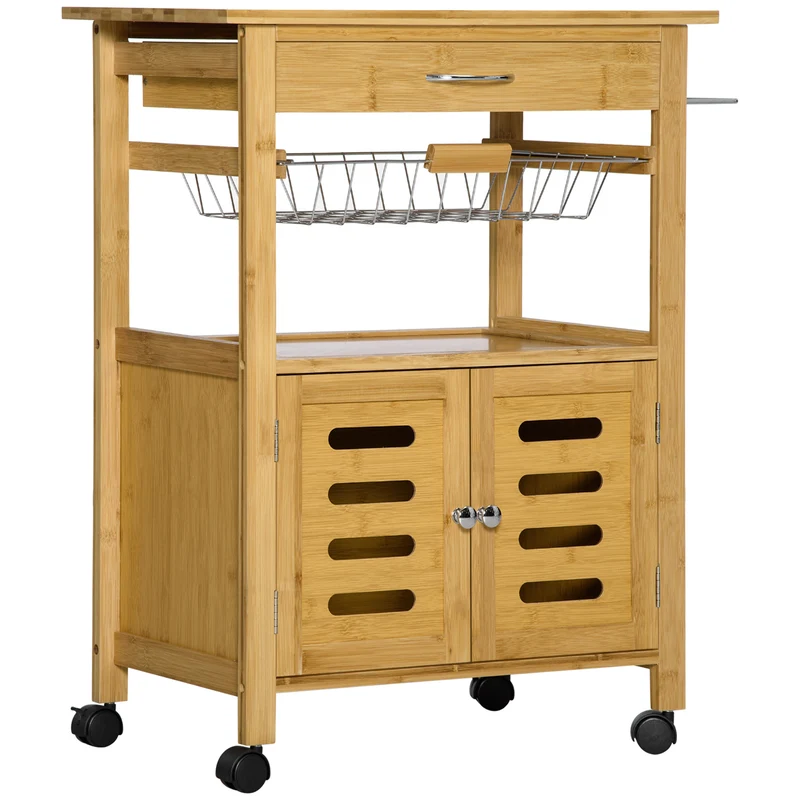 Chariot de cuisine Easycomfort avec tiroir, placard et panier coulissant en bois à roulettes pivotantes, 66 x 36 x 79 cm