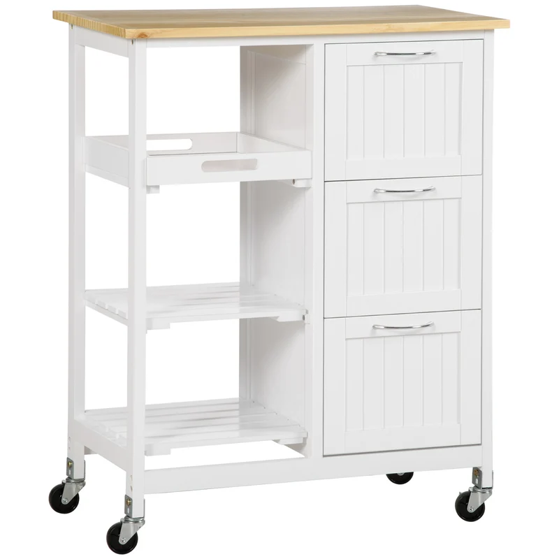 Chariot de cuisine Easycomfort avec 3 tiroirs, 2 étagères ouvertes et plateau amovible, en MDF et pin, 67 x 37 x 87 cm