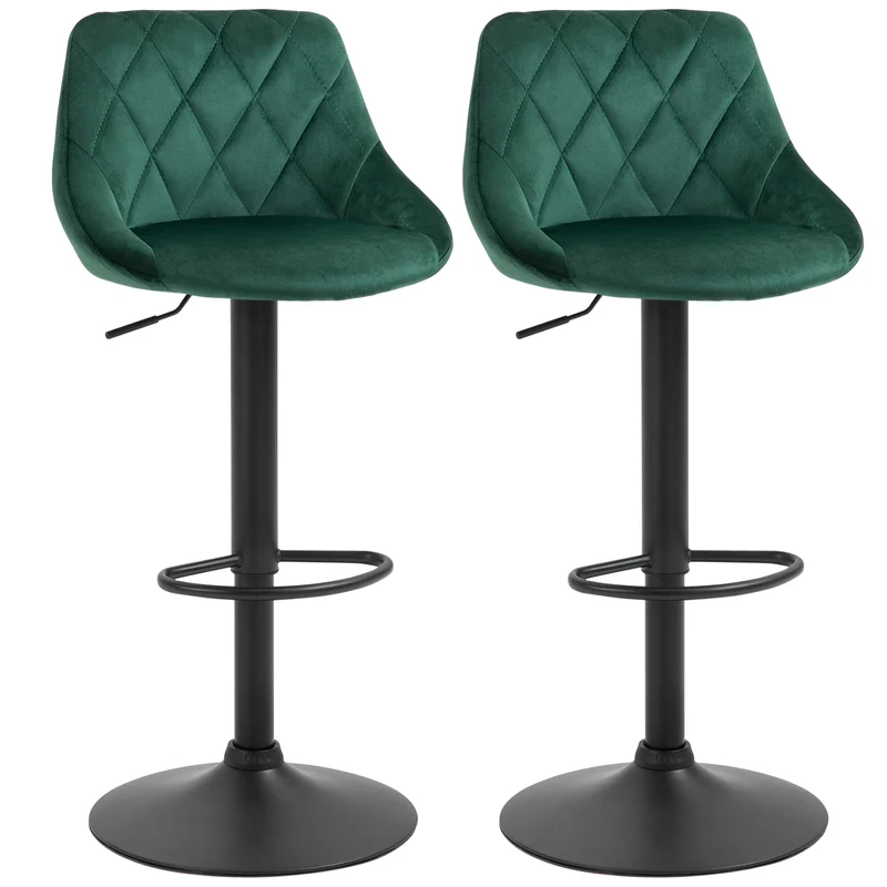 Ensemble de 2 tabourets de bar Easycomfort, hauteur réglable, piètement en métal et assise en velours, tabourets modernes avec dossier et repose-pieds, 46 x 48 x 83-104 cm, vert