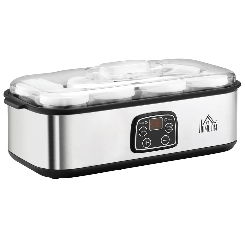 EasyComfort Yogurtiera Elettrica 30W con 8 Vasetti Inclusi, Timer 1-48 Ore e Temperatura Regolabile 20-50°C, 36x18.8x14cm, Argento