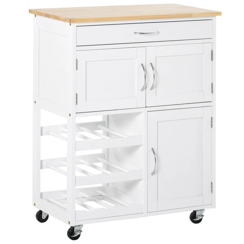 Chariot de cuisine Easycomfort en bois blanc avec porte-bouteilles, 1 tiroir et 3 portes, 67 x 37 x 87 cm