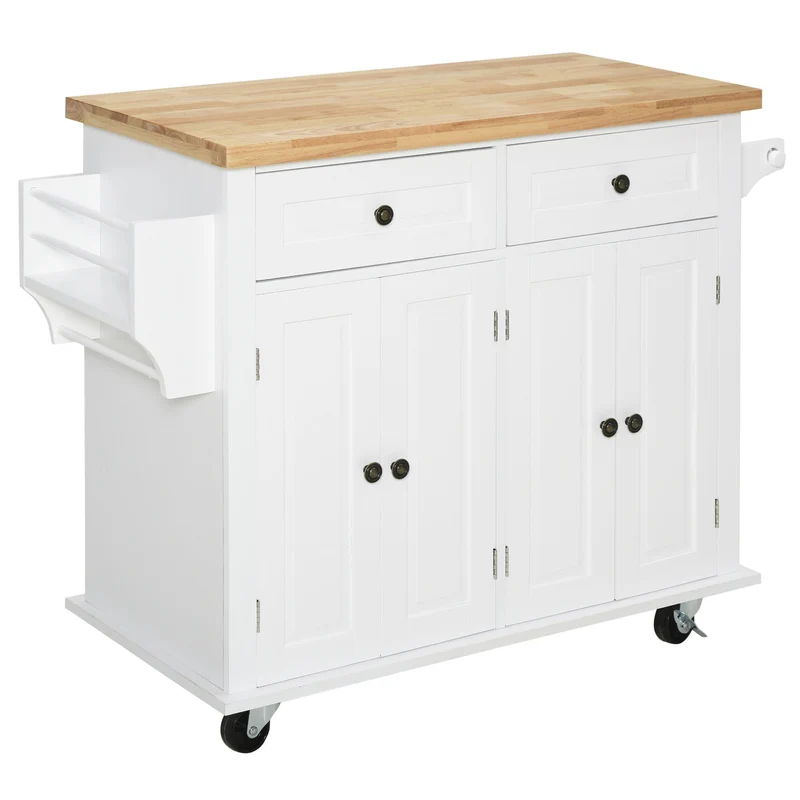Chariot de cuisine Easycomfort avec tiroirs, placards, étagère à épices et 4 roues, en bois, 111 x 44,5 x 82,5 cm, blanc
