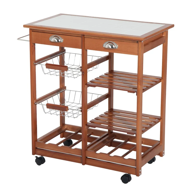 Chariot de cuisine multifonctionnel EasyComfort en pin clair, 4 roulettes et tiroirs, 74 x 37 x 75 cm, marron clair