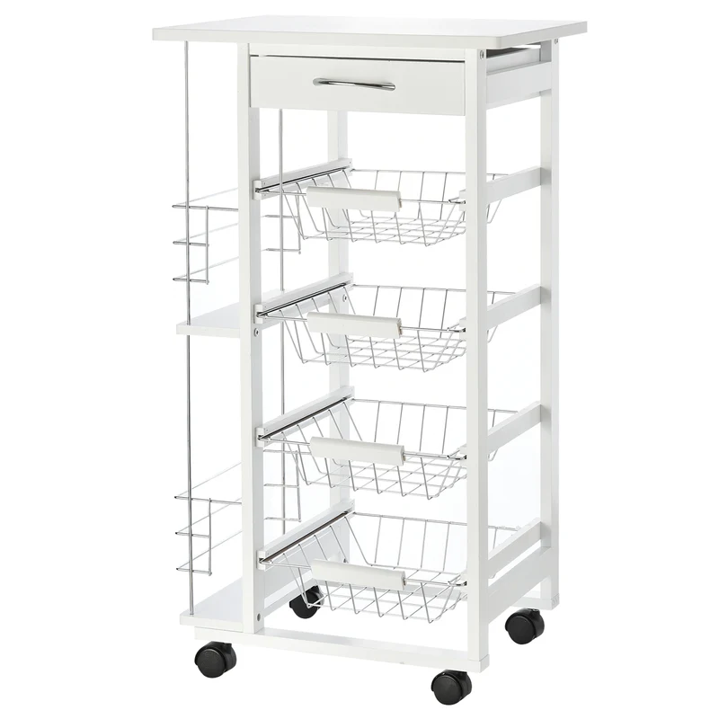 Chariot de cuisine gain de place Easycomfort en bois blanc, rangement alimentaire avec 1 plan de travail, 1 tiroir et 4 paniers métalliques, 47 x 37 x 83 cm