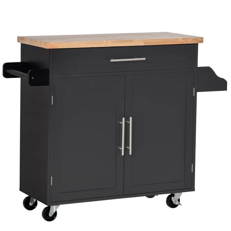 Chariot de cuisine Easycomfort avec tiroirs, étagère à épices et placard, desserte à 4 roues et plan de travail en bois, 109 x 40 x 89 cm, noir