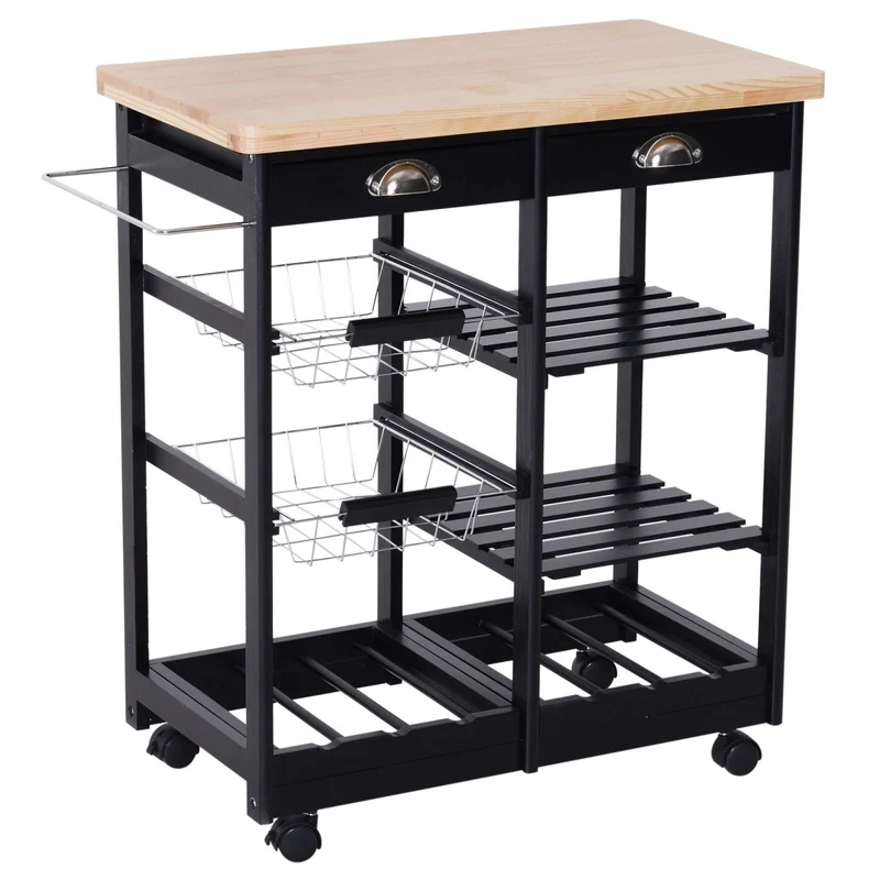 Chariot de cuisine multifonctionnel Easycomfort en pin, 74 x 37 x 75 cm, noir