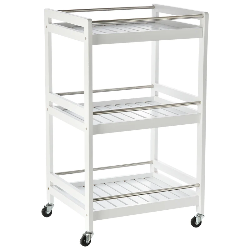 Chariot de cuisine en bois Easycomfort avec 3 étagères et roulettes, 45 x 38 x 78 cm, blanc