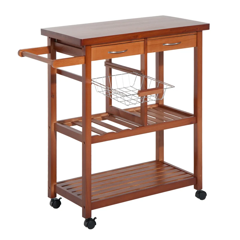 Chariot de cuisine en bois EasyComfort avec porte-bouteilles, panier, 2 étagères, 2 tiroirs, bois de pin, durable, facile à utiliser, polyvalent, 84,5 x 37,2 x 85 cm