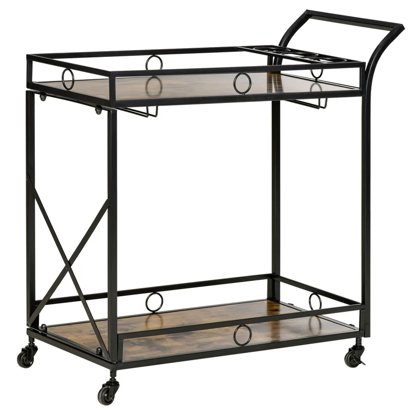 Chariot de cuisine Easycomfort à 2 niveaux, style industriel, avec 4 roues pivotantes et poignée, en bois et métal, marron