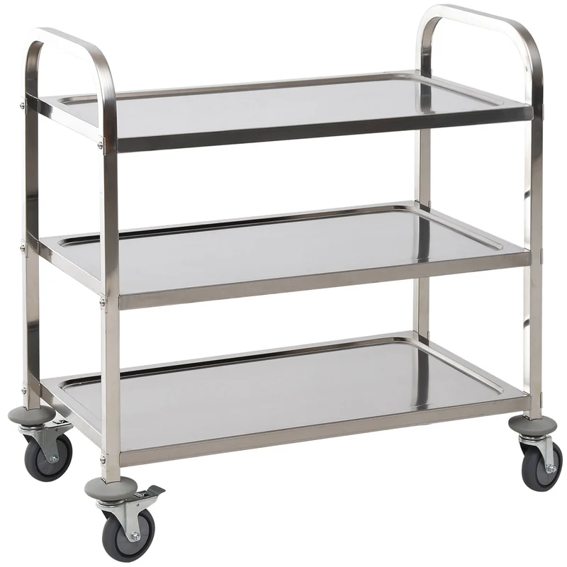 Chariot de cuisine Easycomfort, 3 étagères ouvertes, 4 roulettes multidirectionnelles avec 2 freins, roulements anti-collision, acier inoxydable 430 argenté, 85 x 45 x 90 cm