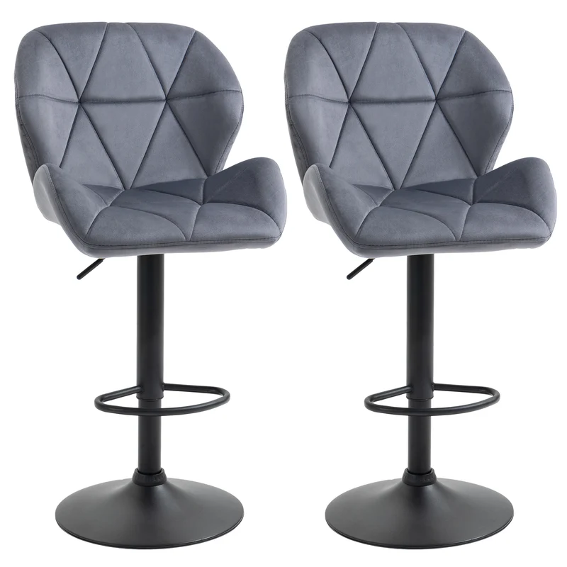 Ensemble de 2 tabourets de bar Easycomfort réglables en hauteur, avec piètement en métal et assise en velours, tabourets de cuisine pivotants hauts avec dossier et repose-pieds, 51,5 x 57,5 ​​x 93-114,5 cm, gris