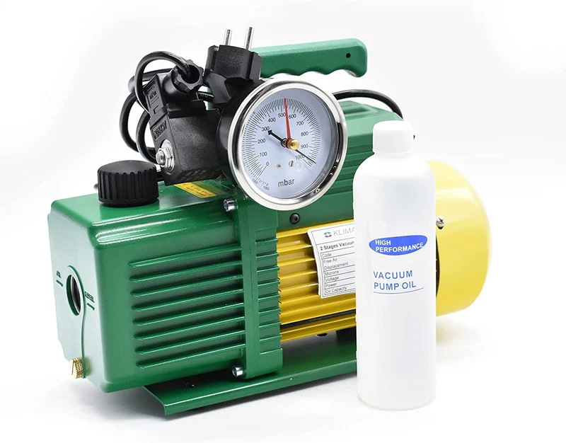 Pompe à vide bi-étagée Klimaline avec manomètre et électrovanne pour systèmes à gaz HFO - R32 - R410 - R1234YF, moteur antidéflagrant 50 L/min pour climatisation