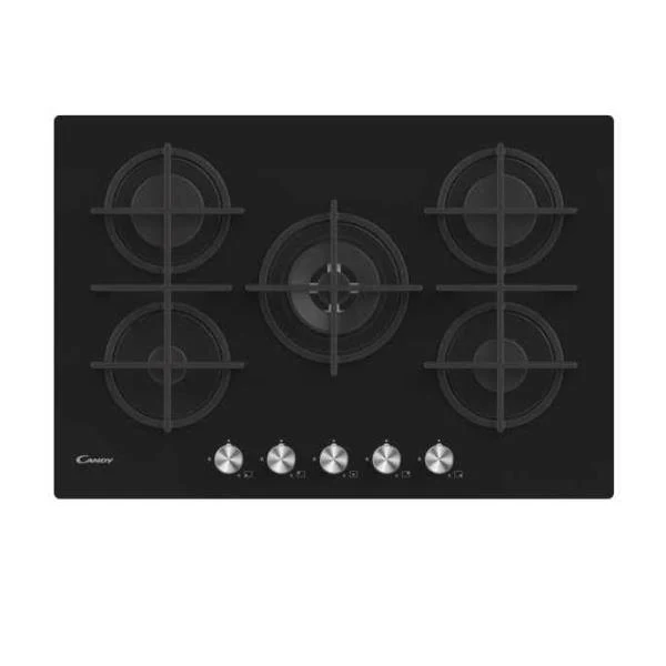 Plaque de cuisson à gaz 5 brûleurs Candy CVG74WPB (L74,5 x P51) en verre trempé noir