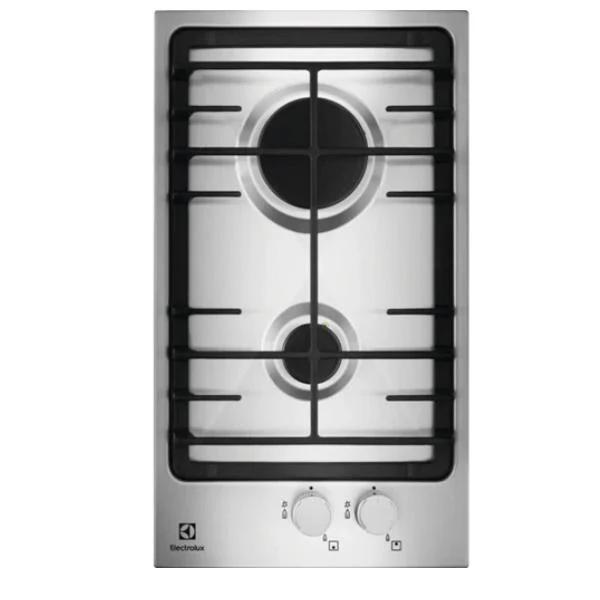 Plaque de cuisson à gaz Electrolux EGG3322NVX 2 feux, 29 cm, acier inoxydable (L x P) : 29 x 51 cm, compatible avec les casseroles en fonte, finition inox, boutons, format compact.