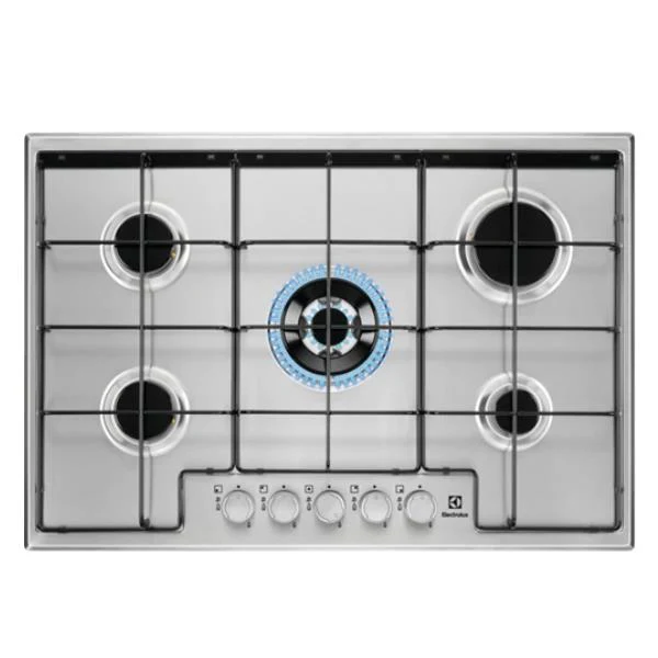 Plaque de cuisson à gaz Electrolux EGS7534X 5 brûleurs en acier inoxydable (L x P) : 74,4 x 51 cm, brûleur wok Multi-Crown, nettoyage facile
