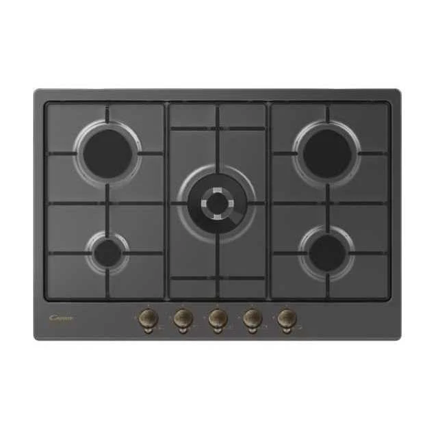 Plaque de cuisson à gaz Candy CHW74WGTGH 5 brûleurs 75 cm, vitrocéramique noire (L x P) 74 x 51 cm, collection classique avec brûleur double couronne